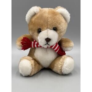 Vintage 1984 SWIB Small Teddy Bear W/ Red White Striped Scarf 7” Stuffed Animal